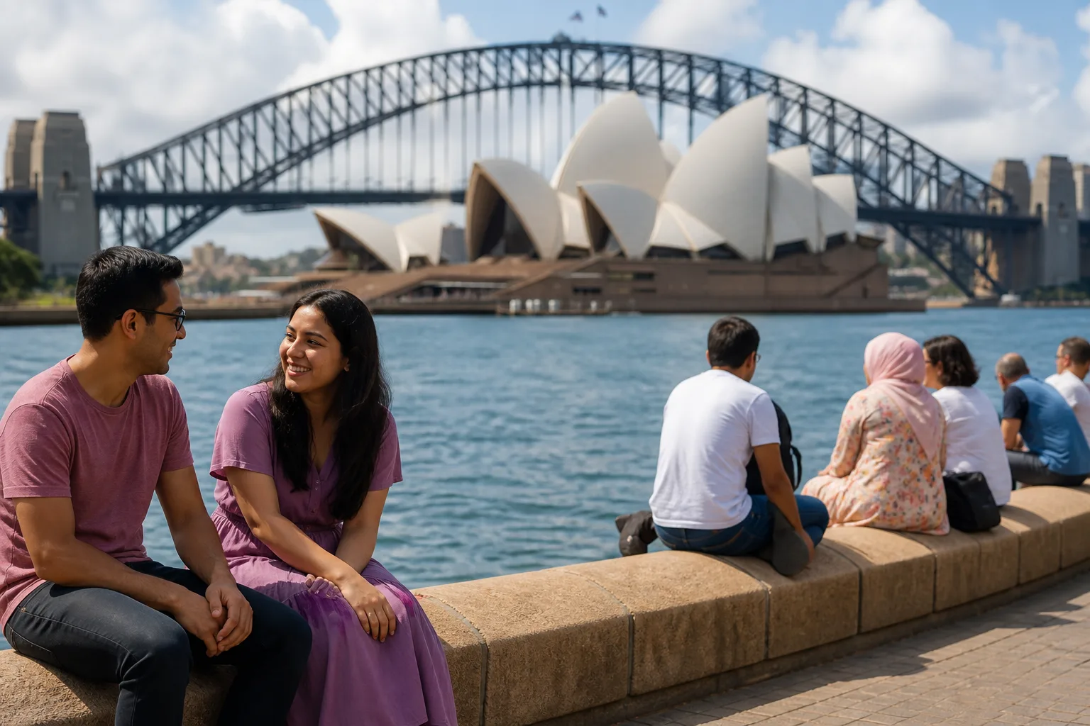 A couple talking beside Sydney Harbour on a relaxed first date