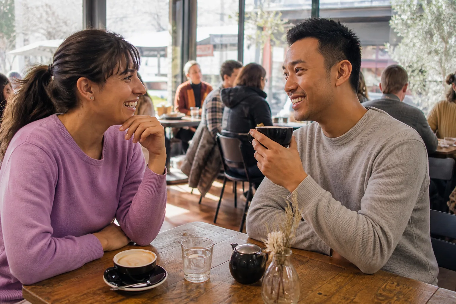 Two Sydney singles talking beside the harbour at dusk