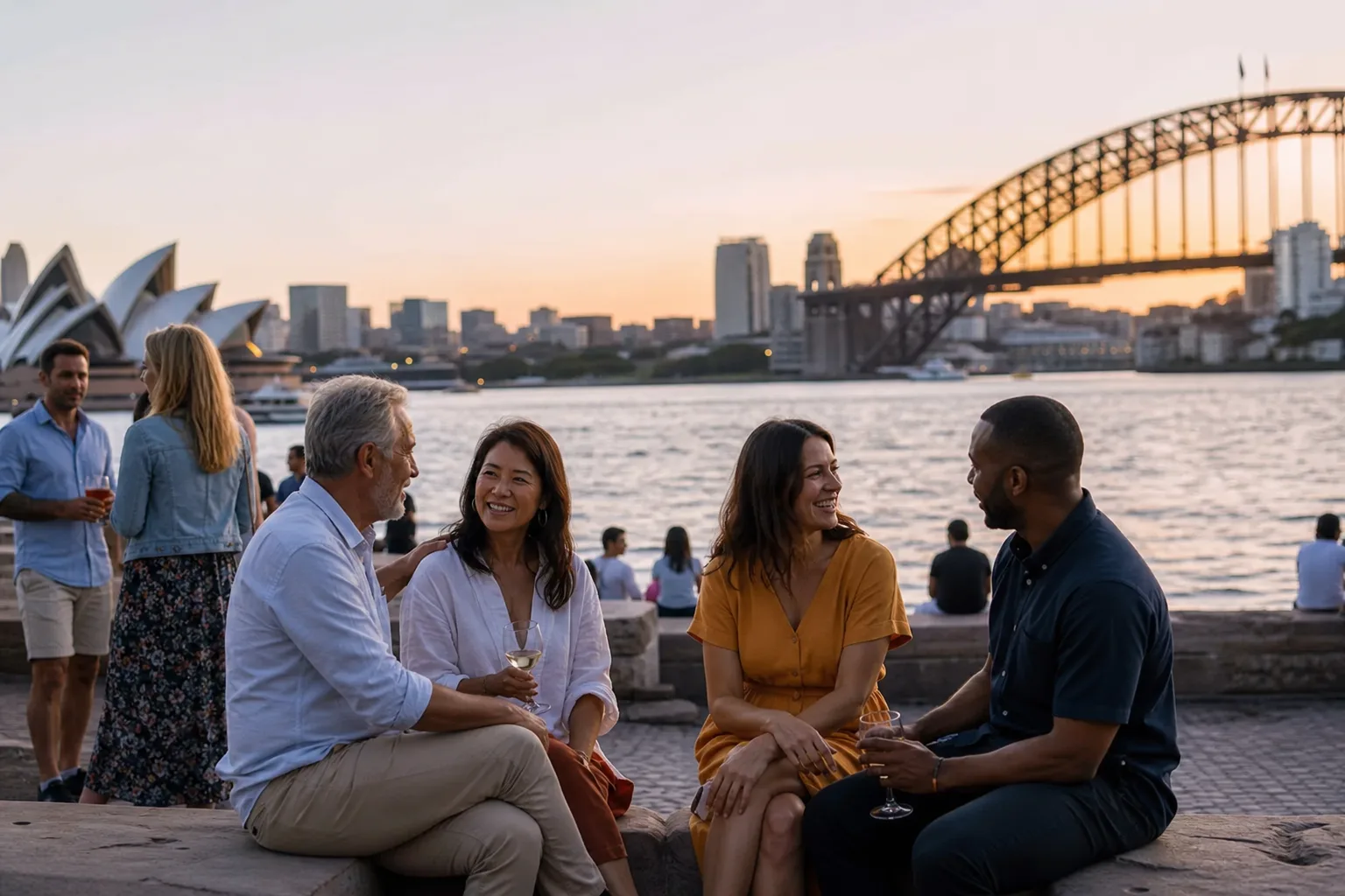 Sydney singles talking beside the harbour on a sunny afternoon