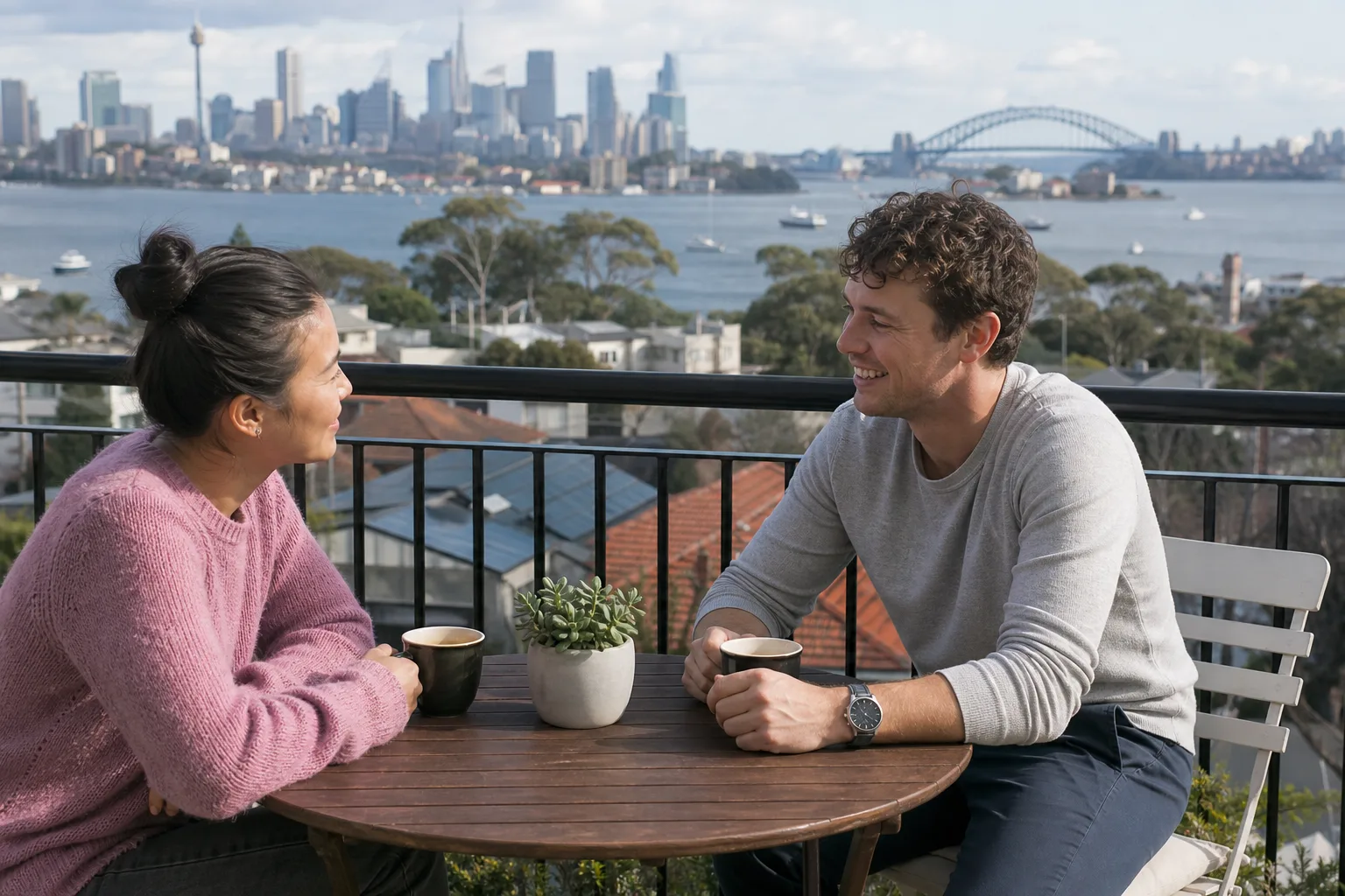 Sydney housemates talking together around a kitchen table