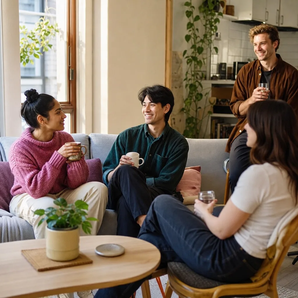 Housemates discussing guest boundaries in a shared Sydney kitchen