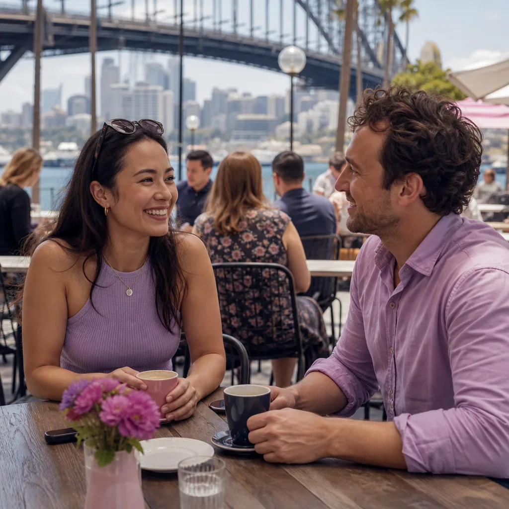 Two people talking over coffee at an outdoor table in Sydney