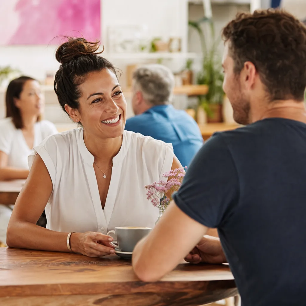 Two adults meeting for a daytime coffee near Sydney Harbour