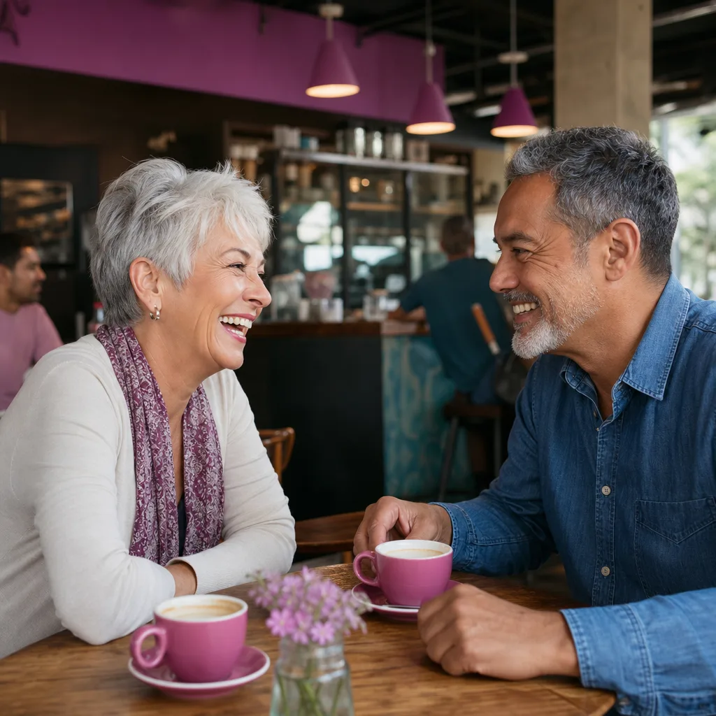 Older Sydney woman creating a dating profile at home