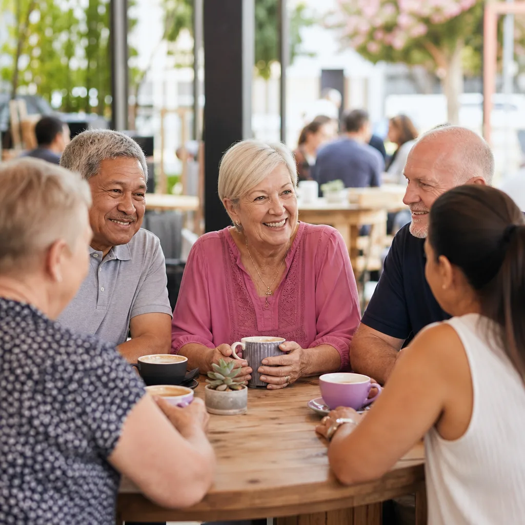 Mature Christian singles checking details for a local Sydney group on a phone
