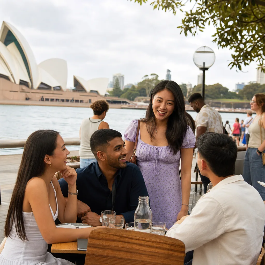 A couple meeting in a busy public space near Circular Quay in Sydney