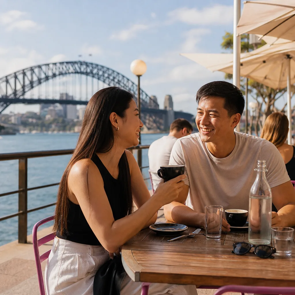 Sydney woman checking a dating profile on her phone in a café