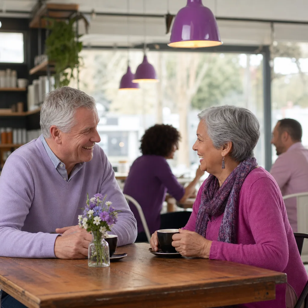 Mature Sydney couple meeting at a public waterfront cafe